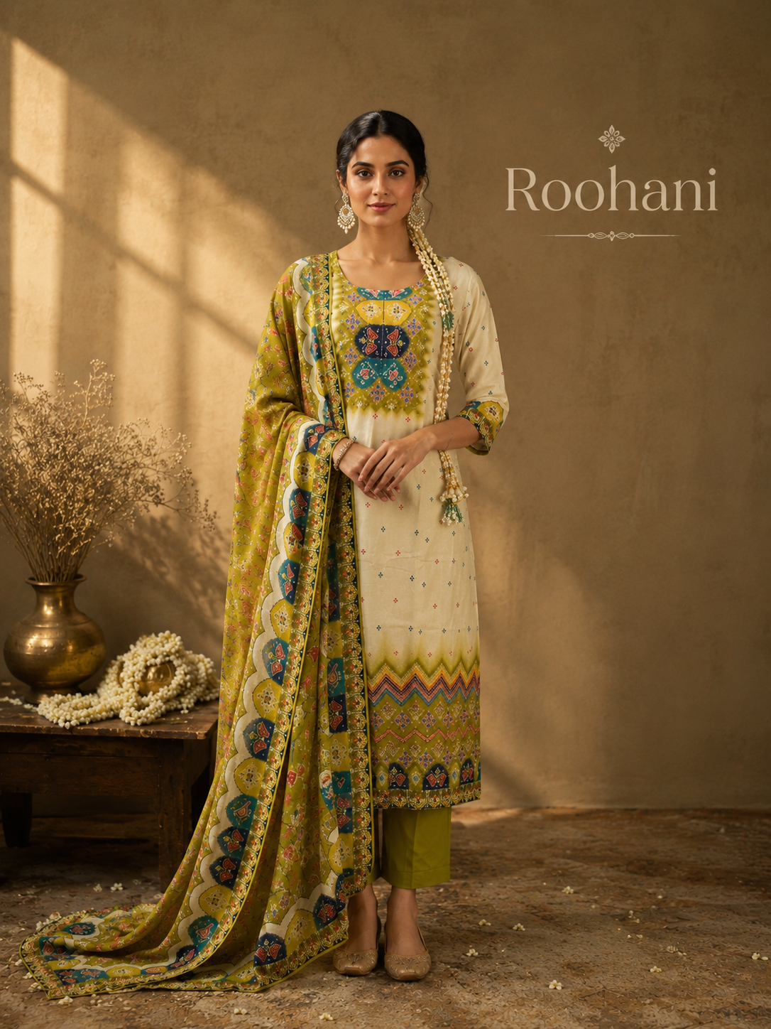 Emerald Elegance Embellished Raw Silk Suit Set