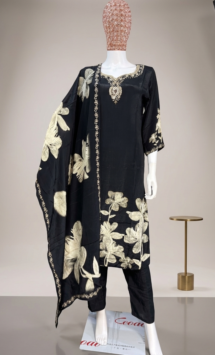 Black Crap Silk 3 Piece Suit Set