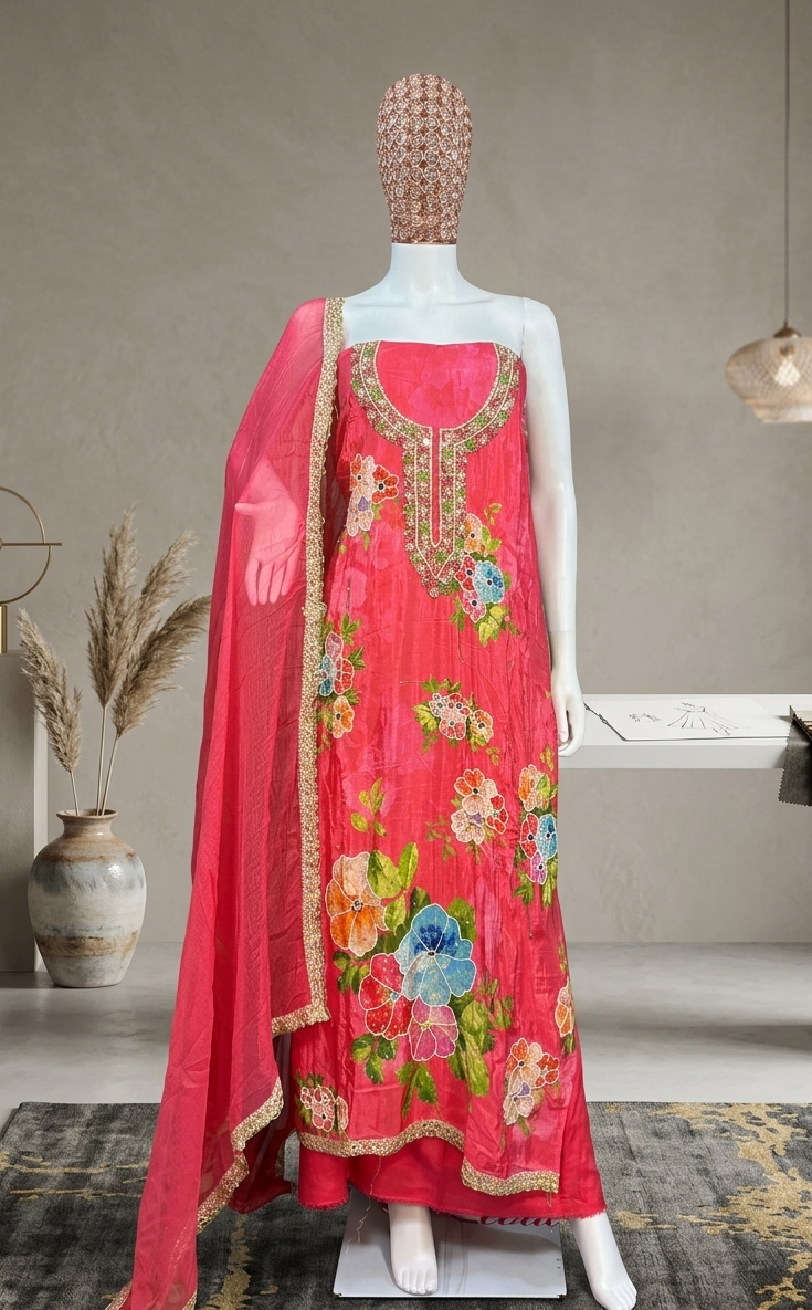Gulnaar Bloom Pink Chinon Unstitched Suit Set