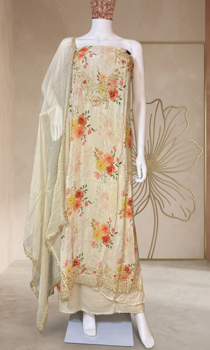 Ivory Bloom Floral Handwork Unstitched Suit Set