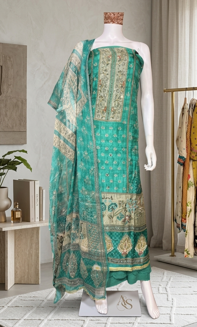 Turquoise Floral Satin-Finish Handwork Unstitched Suit Set