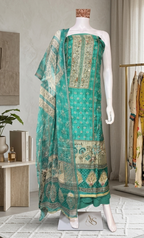 Aabroo Turquoise Floral Handwork Unstitched Suit Set