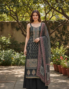 Meher Charcoal Olive Embellished Unstitched Suit Set