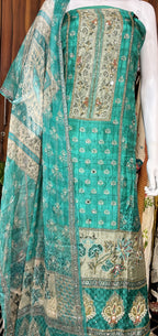 Aabroo Turquoise Floral Handwork Unstitched Suit Set