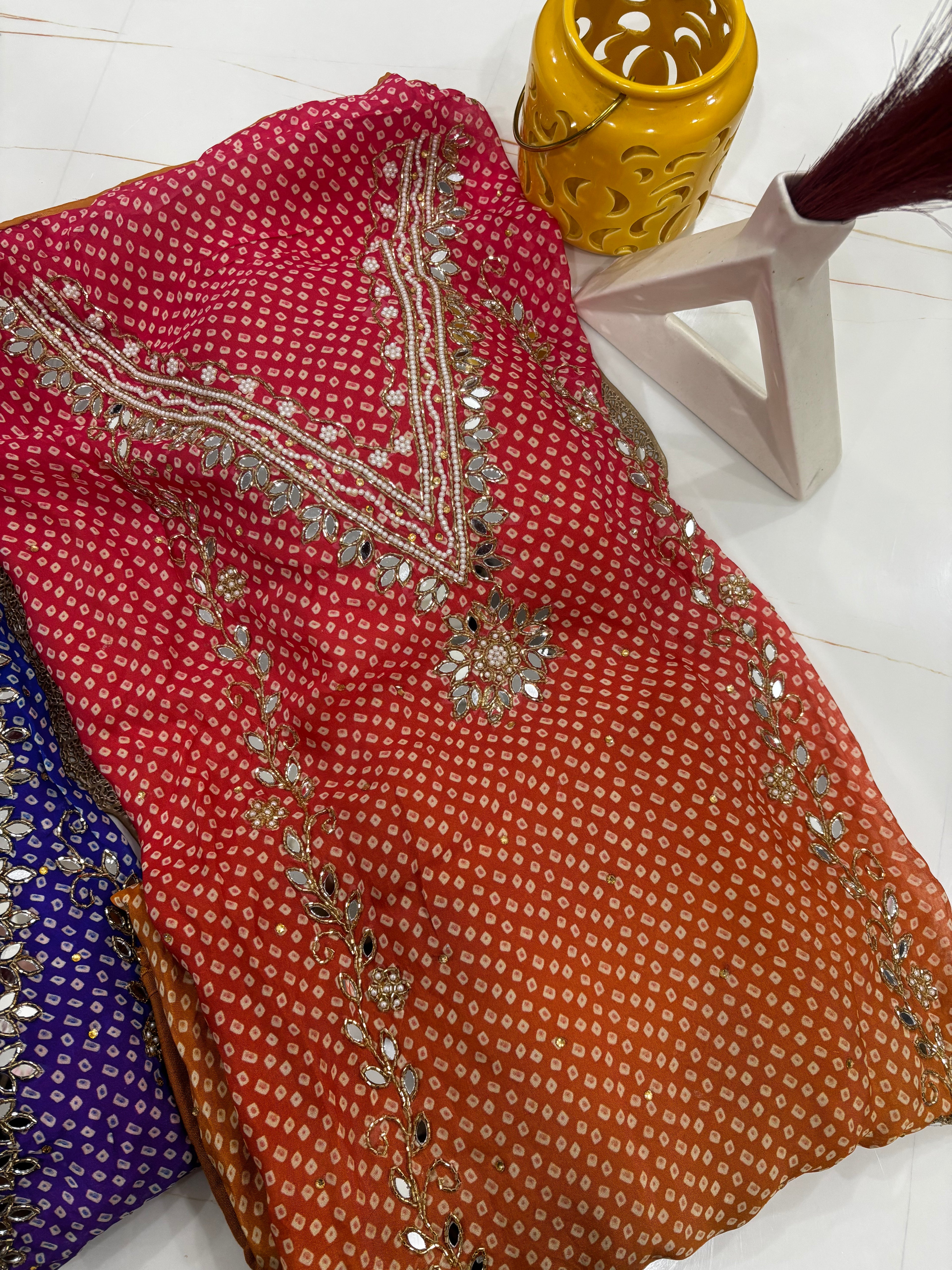 Mirror Work Bandhani 3 piece Unstitched Set