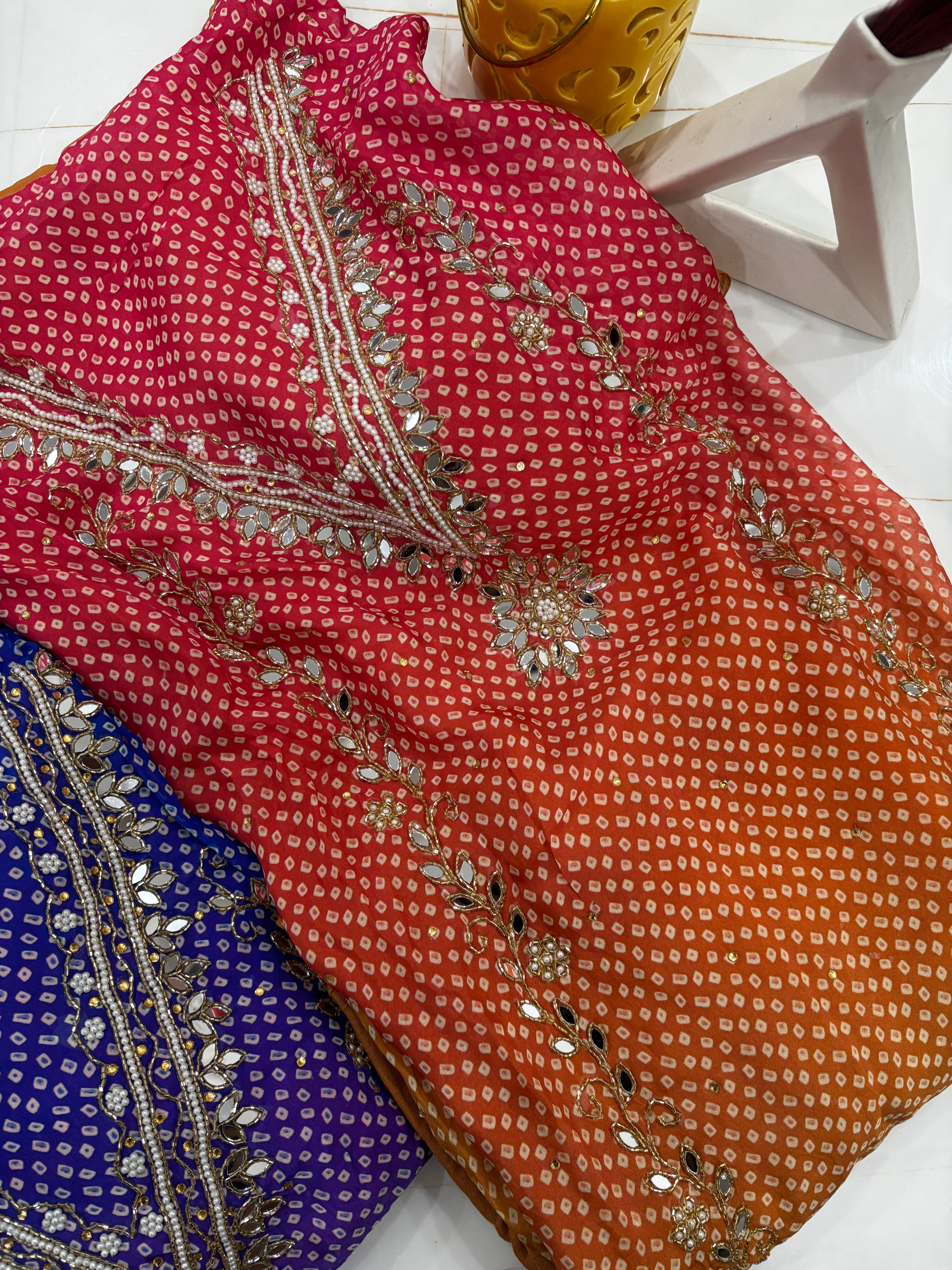 Mirror Work Bandhani 3 piece Unstitched Set