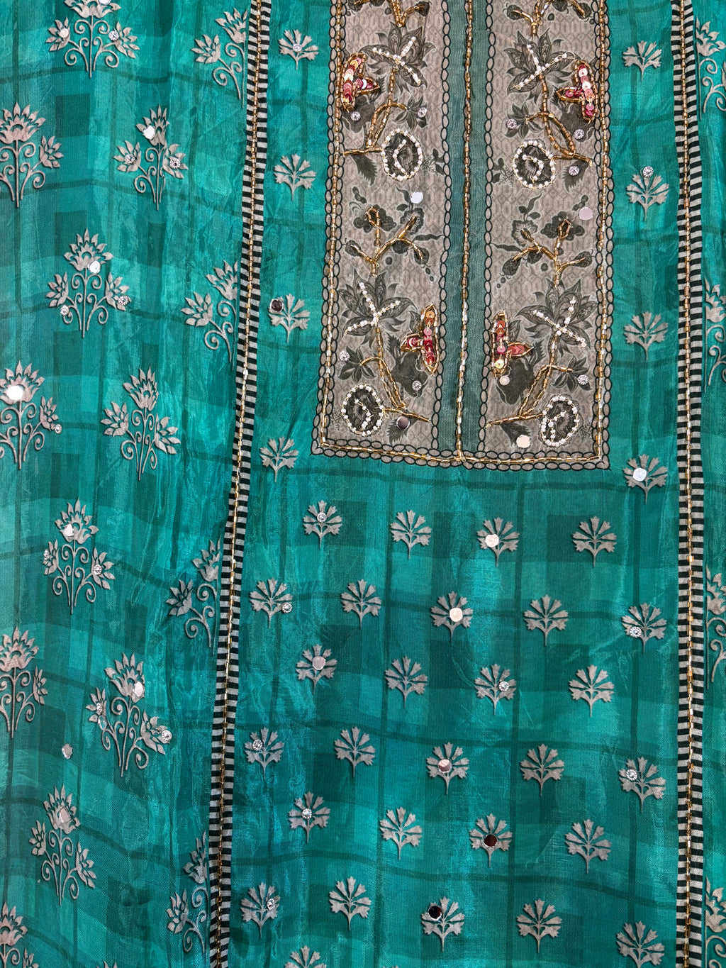 Aabroo Turquoise Floral Handwork Unstitched Suit Set