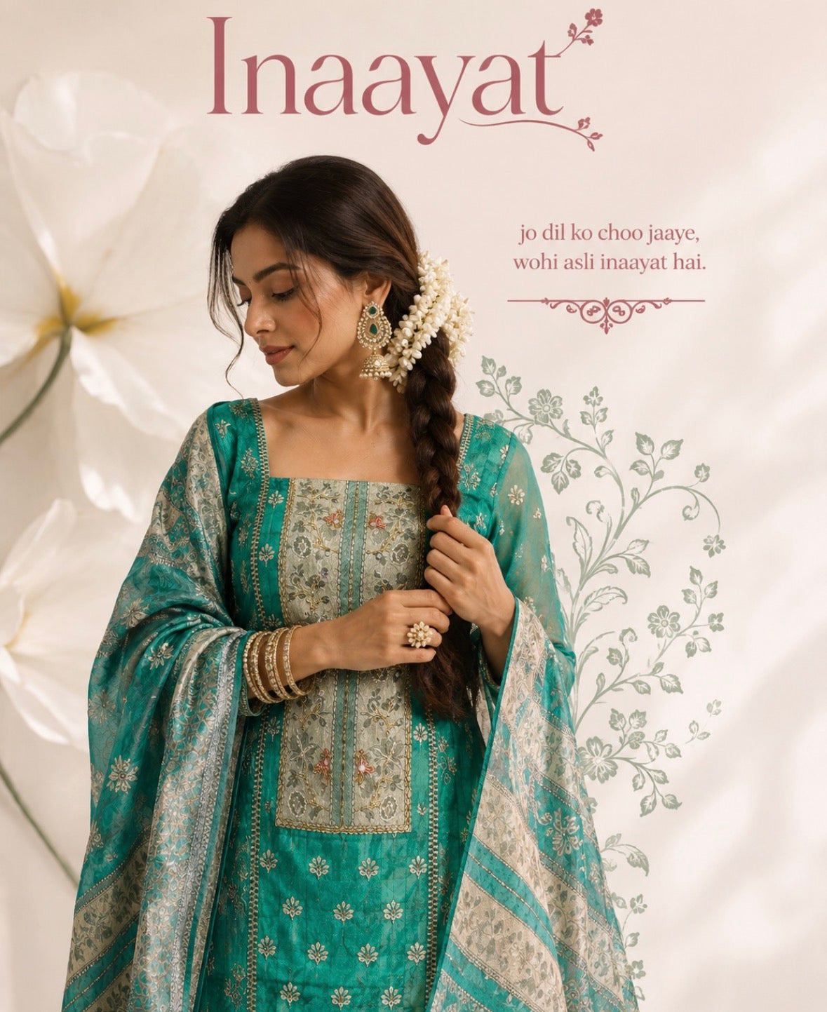 Aabroo Turquoise Floral Handwork Unstitched Suit Set