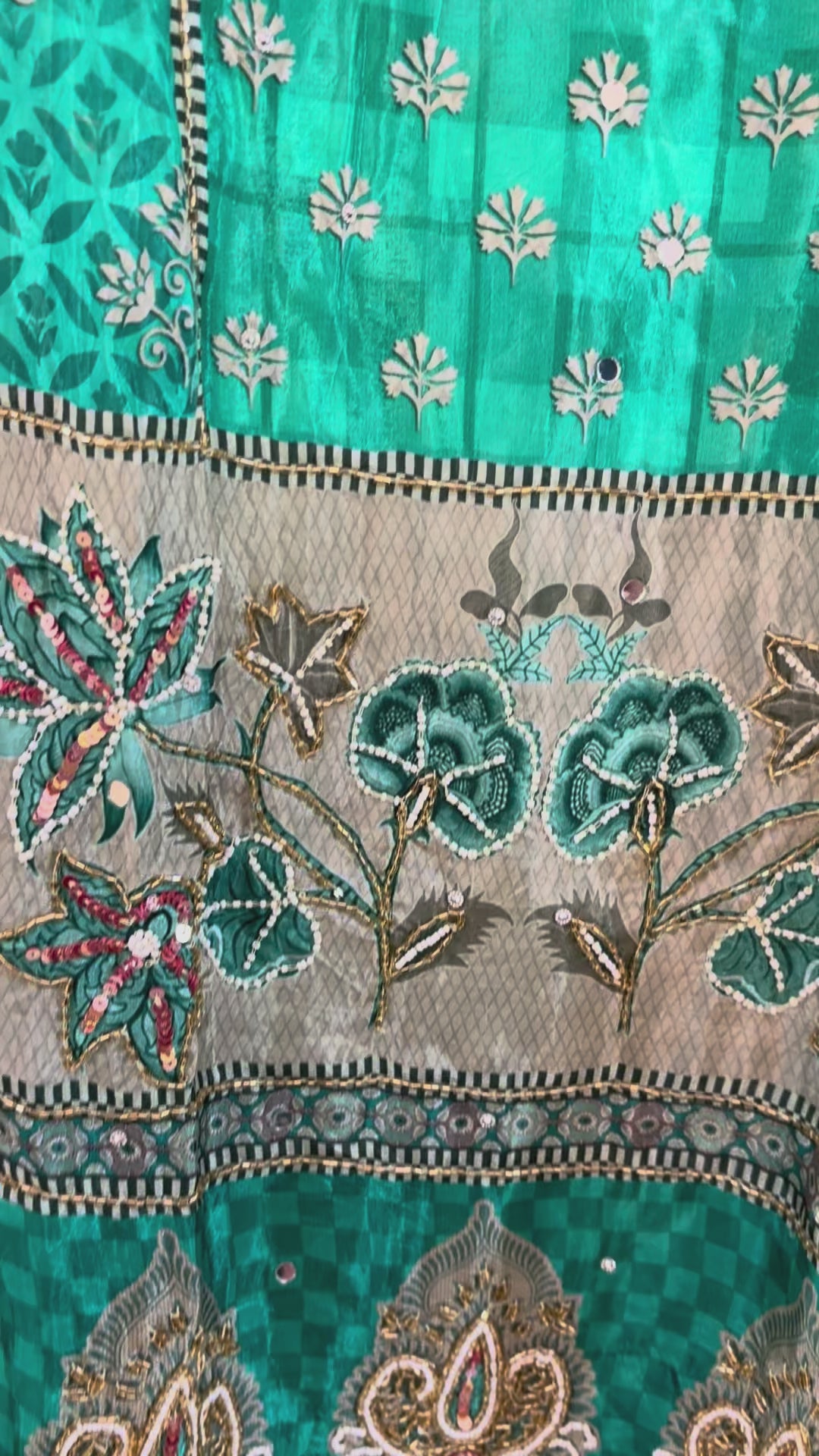 Aabroo Turquoise Floral Handwork Unstitched Suit Set