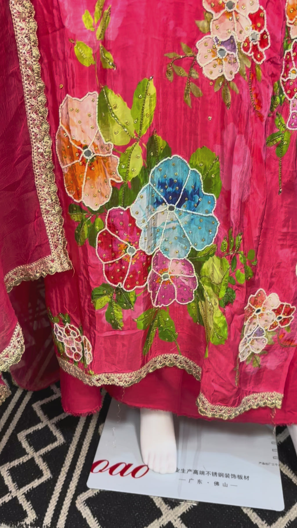 Gulnaar Bloom Pink Chinon Unstitched Suit Set