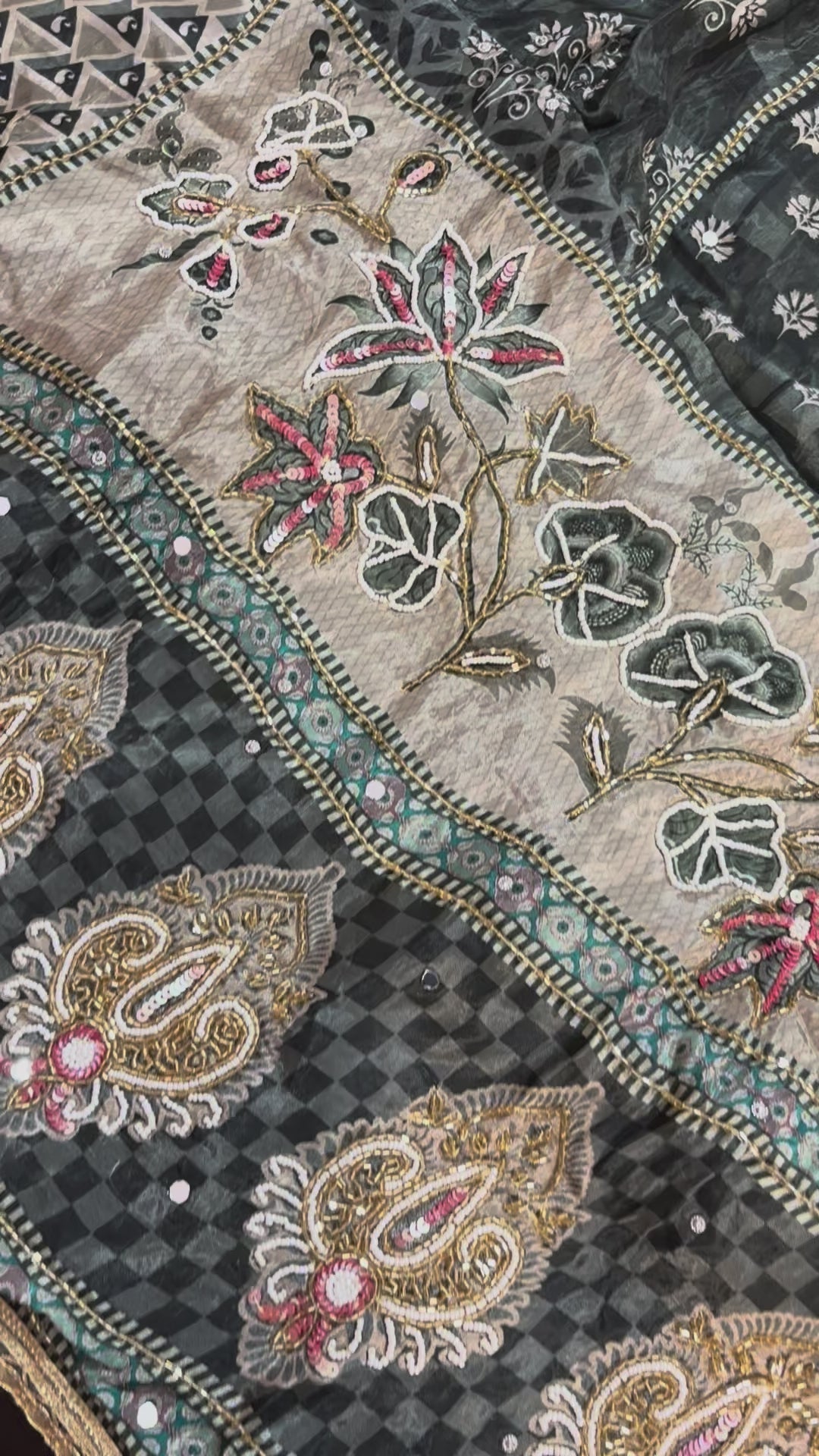 Meher Charcoal Olive Embellished Unstitched Suit Set