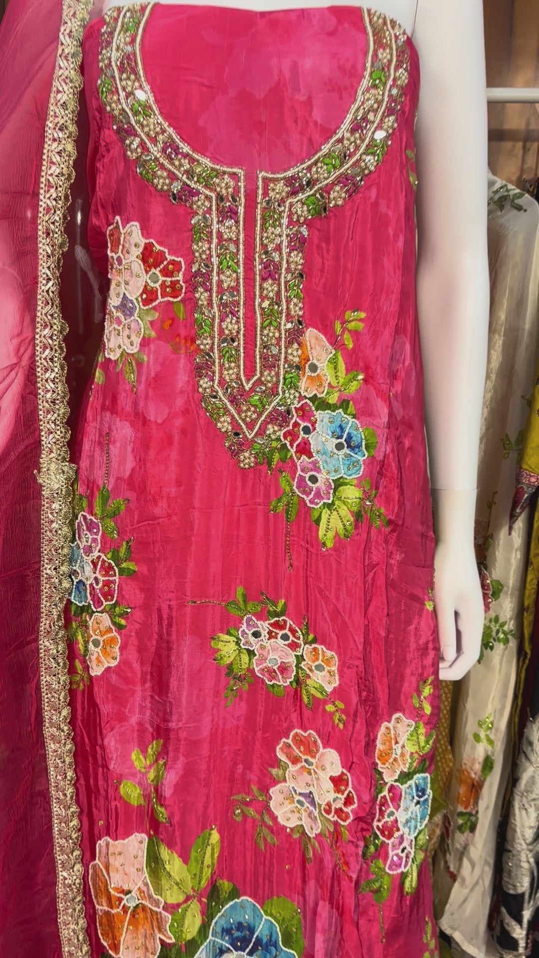 Gulnaar Bloom Pink Chinon Unstitched Suit Set